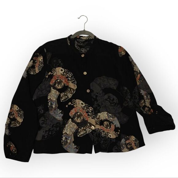 Citron Santa Monica 100% Silk Black Oriental Patterned Blouse Sz XL - Picture 3 of 10